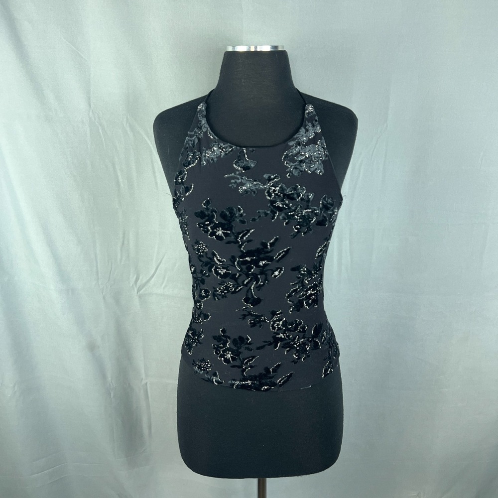 Obe Halter Neck Top Womens Black Velvet Shimmery Floral Sequin Sleeveless Casual